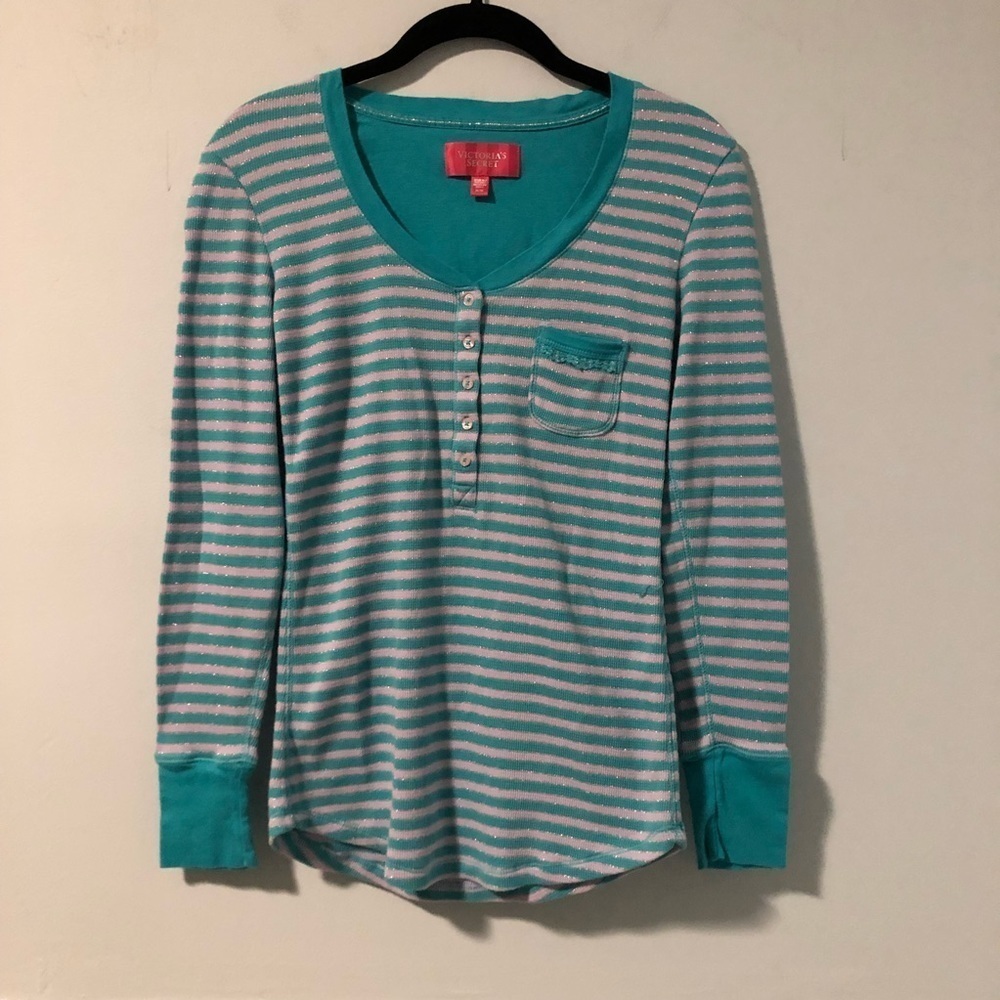 Victoria’s Secret Blue & Purple Glitter Striped Long Sleeve Pajama Top Size M